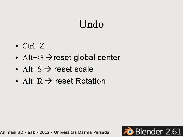 Undo • • Ctrl+Z Alt+G reset global center Alt+S reset scale Alt+R reset Rotation