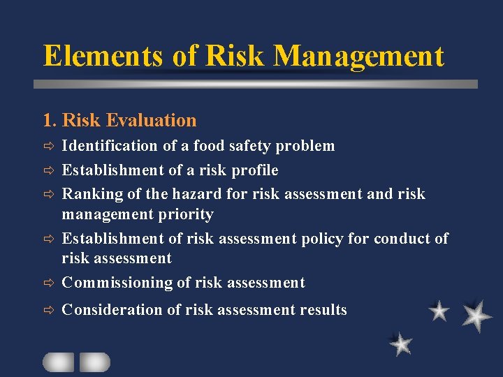 Elements of Risk Management 1. Risk Evaluation ð Identification of a food safety problem