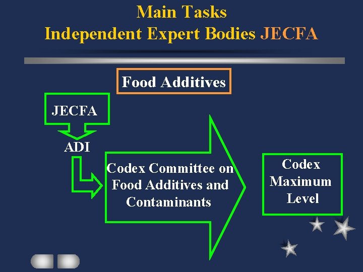 Main Tasks Independent Expert Bodies JECFA Food Additives JECFA ADI Codex Committee on Food