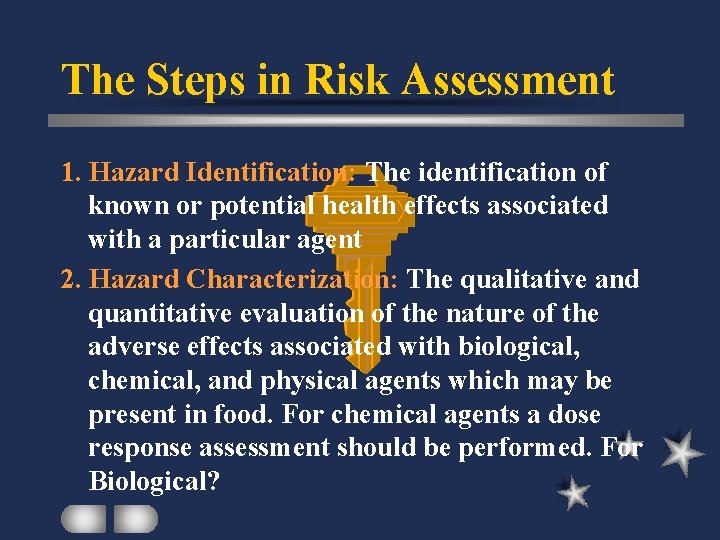 The Steps in Risk Assessment 1. Hazard Identification: The identification of known or potential