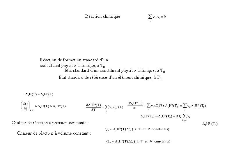 Réaction chimique Réaction de formation standard d’un constituant physico-chimique, à T 0 Etat standard