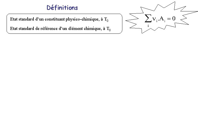 Définitions Etat standard d’un constituant physico-chimique, à T 0 Etat standard de référence d’un