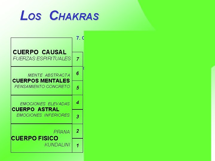 LOS CHAKRAS 7. CORONARIO CUERPO CAUSAL FUERZAS ESPIRITUALES MENTE ABSTRACTA 7 6 CEREBRO 6.