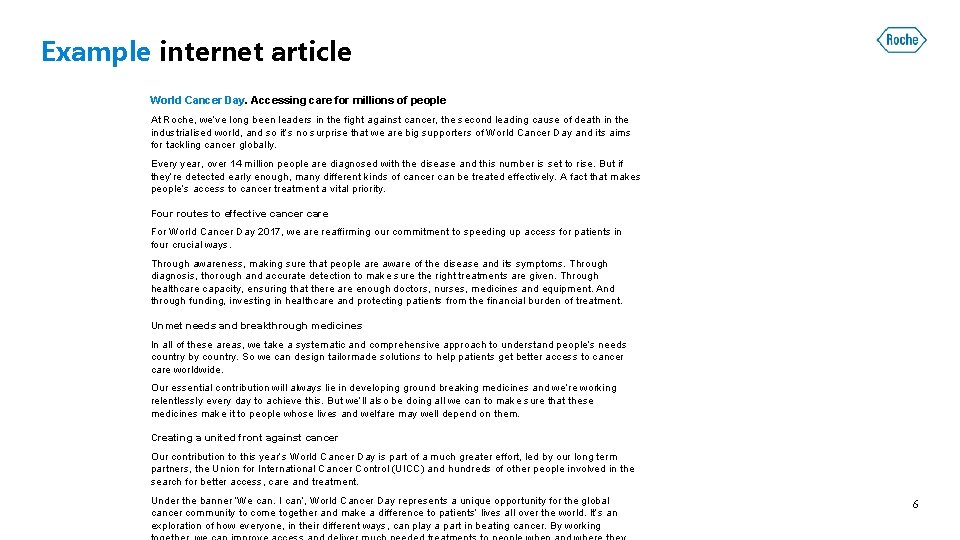Example internet article World Cancer Day. Accessing care for millions of people At Roche,