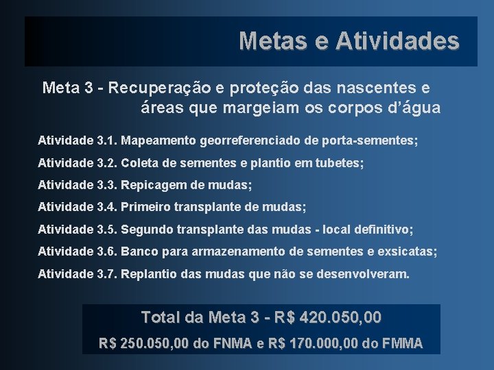 Metas e Atividades Meta 3 - Recuperação e proteção das nascentes e áreas que