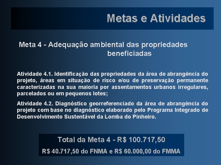 Metas e Atividades Meta 4 - Adequação ambiental das propriedades beneficiadas Atividade 4. 1.