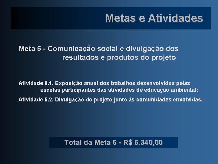 Metas e Atividades Meta 6 - Comunicação social e divulgação dos resultados e produtos