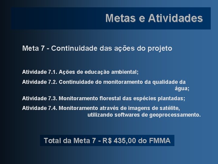 Metas e Atividades Meta 7 - Continuidade das ações do projeto Atividade 7. 1.