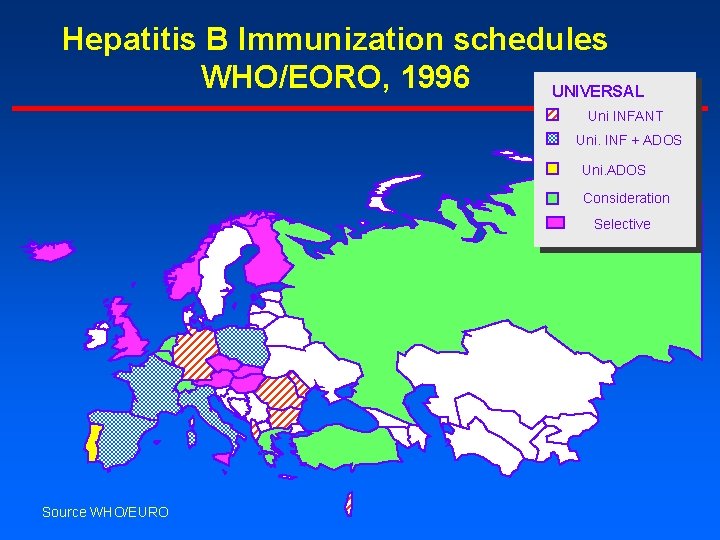 Hepatitis B Immunization schedules WHO/EORO, 1996 UNIVERSAL Uni INFANT Uni. INF + ADOS Uni.