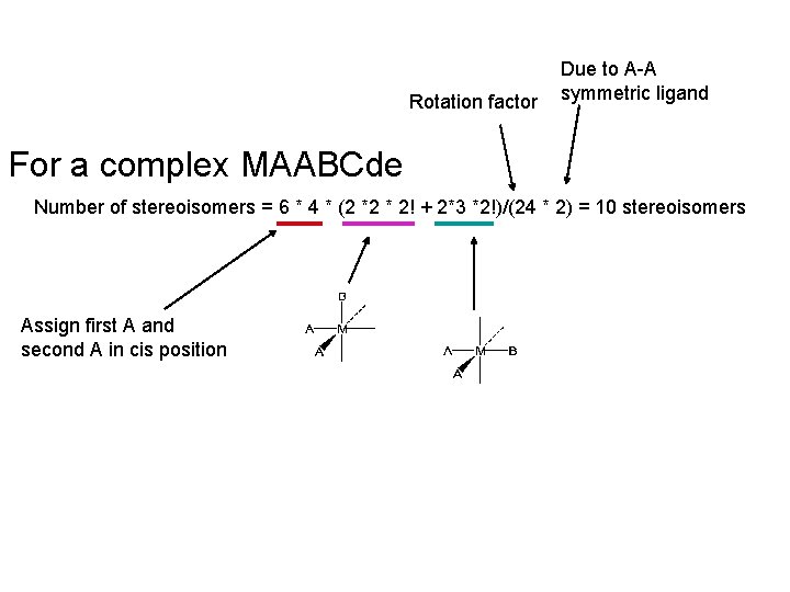 Rotation factor Due to A-A symmetric ligand For a complex MAABCde Number of stereoisomers