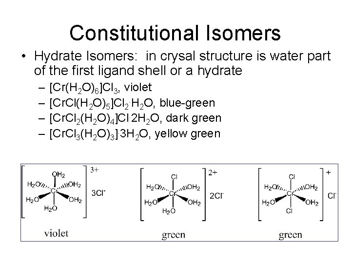 Constitutional Isomers • Hydrate Isomers: in crysal structure is water part of the first