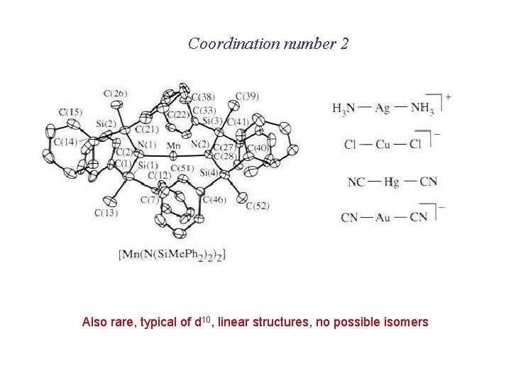 Coordination number 2 Also rare, typical of d 10, linear structures, no possible isomers