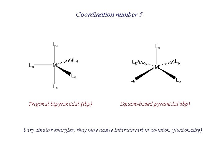 Coordination number 5 Trigonal bipyramidal (tbp) Square-based pyramidal sbp) Very similar energies, they may