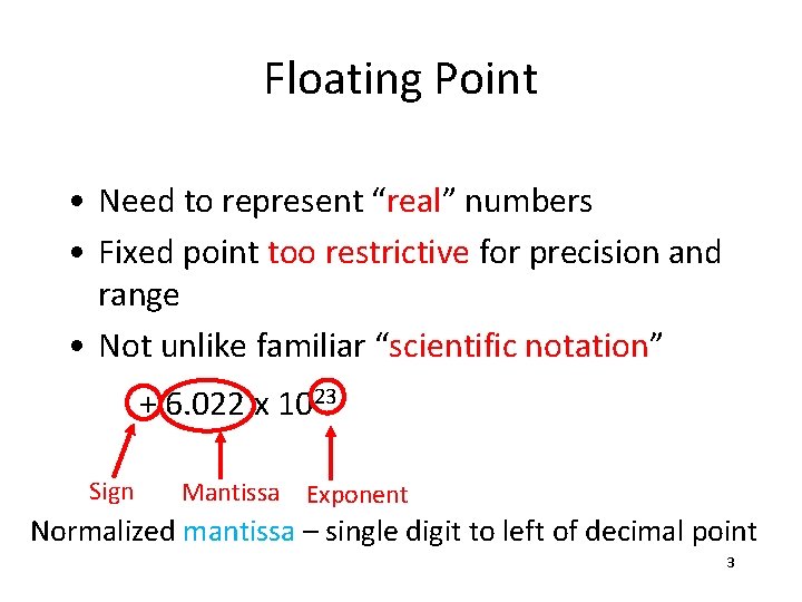 Floating Point • Need to represent “real” numbers • Fixed point too restrictive for