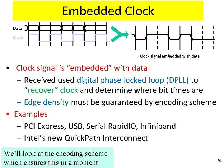 Embedded Clock Data Clock signal embedded with data • Clock signal is “embedded” with