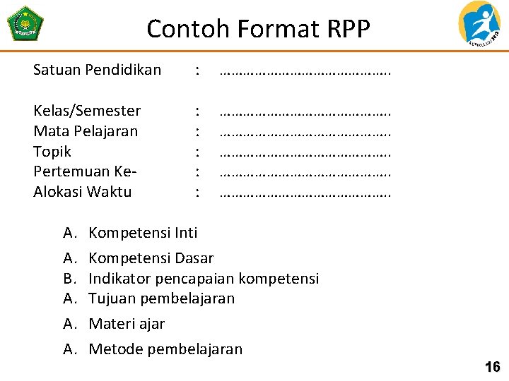 Contoh Format RPP Satuan Pendidikan : …………………. . Kelas/Semester Mata Pelajaran Topik Pertemuan Ke