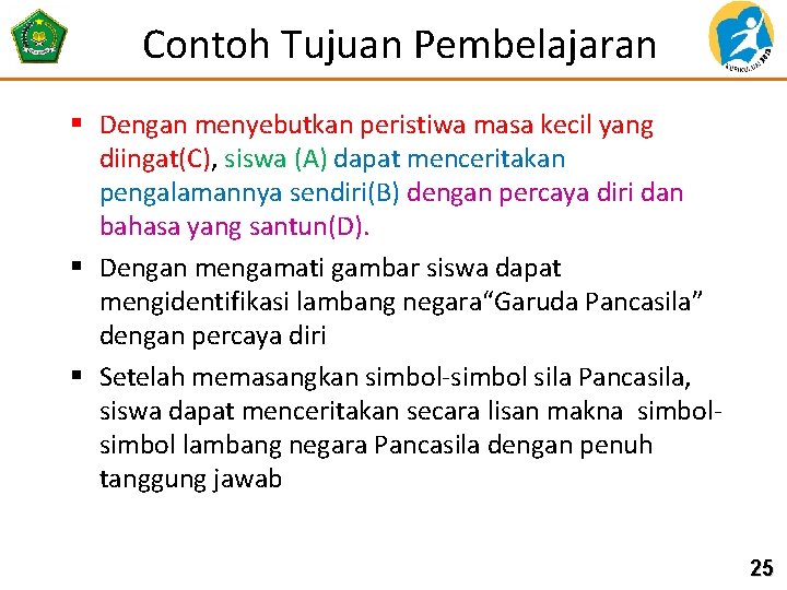 Contoh Tujuan Pembelajaran § Dengan menyebutkan peristiwa masa kecil yang diingat(C), siswa (A) dapat