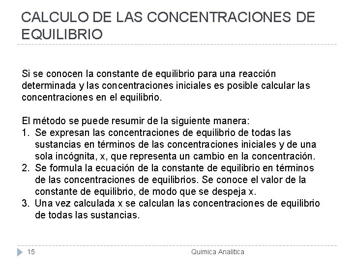 CALCULO DE LAS CONCENTRACIONES DE EQUILIBRIO Si se conocen la constante de equilibrio para
