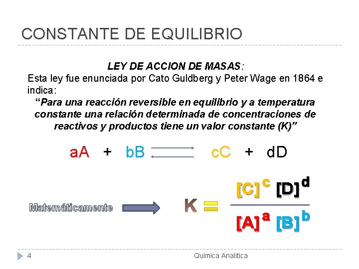 CONSTANTE DE EQUILIBRIO LEY DE ACCION DE MASAS: Esta ley fue enunciada por Cato