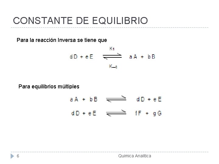 CONSTANTE DE EQUILIBRIO Para la reacción Inversa se tiene que Para equilibrios múltiples 6