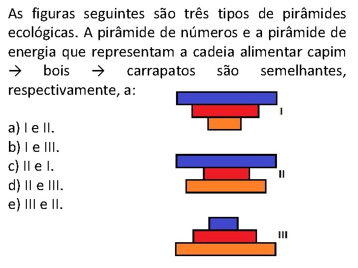 As figuras seguintes são três tipos de pirâmides ecológicas. A pirâmide de números e