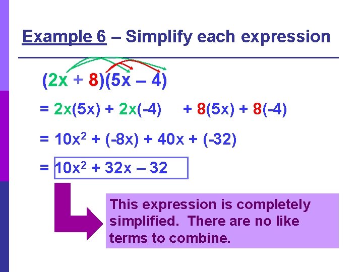 Example 6 – Simplify each expression (2 x + 8)(5 x – 4) =