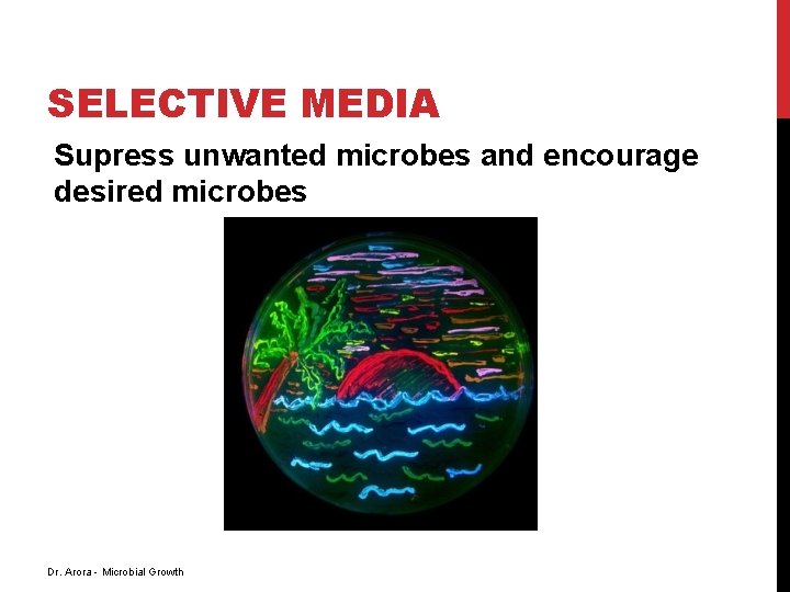 SELECTIVE MEDIA Supress unwanted microbes and encourage desired microbes Dr. Arora - Microbial Growth SELECTIVE MEDIA Supress unwanted microbes and encourage desired microbes Dr. Arora - Microbial Growth