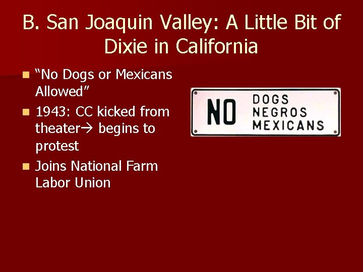 B. San Joaquin Valley: A Little Bit of Dixie in California “No Dogs or