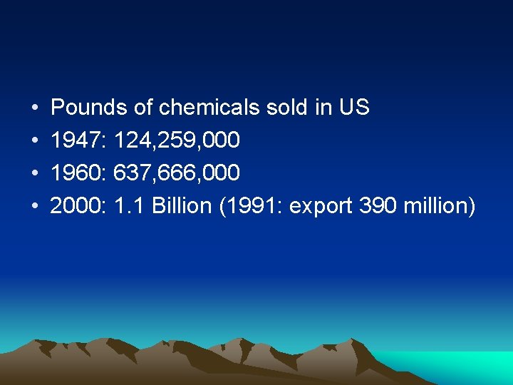  • • Pounds of chemicals sold in US 1947: 124, 259, 000 1960: