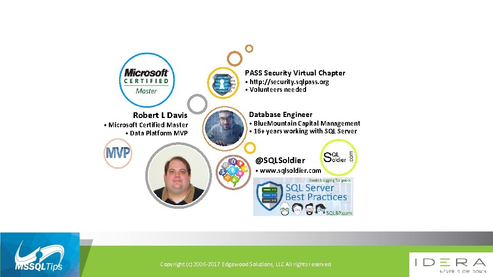 PASS Security Virtual Chapter • http: //security. sqlpass. org • Volunteers needed Robert L