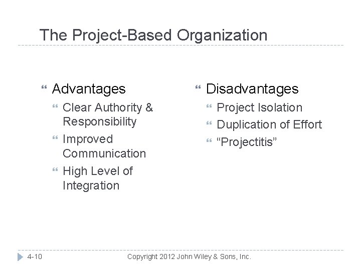 The Project-Based Organization Advantages 4 -10 Clear Authority & Responsibility Improved Communication High Level