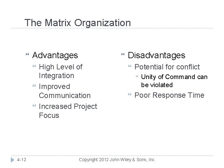 The Matrix Organization Advantages 4 -12 High Level of Integration Improved Communication Increased Project