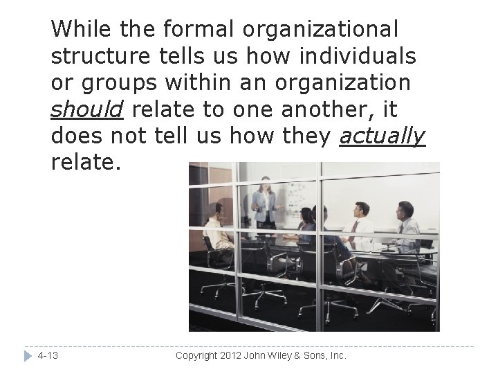 While the formal organizational structure tells us how individuals or groups within an organization