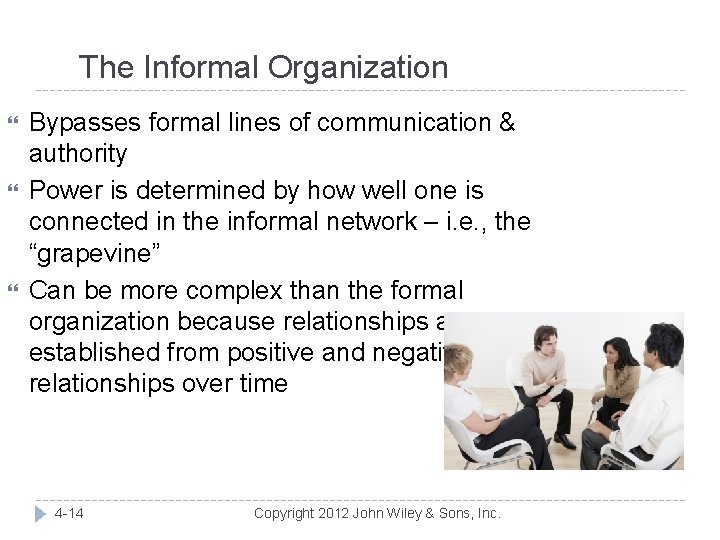 The Informal Organization Bypasses formal lines of communication & authority Power is determined by