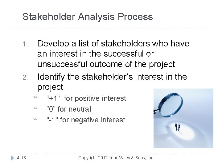 Stakeholder Analysis Process Develop a list of stakeholders who have an interest in the