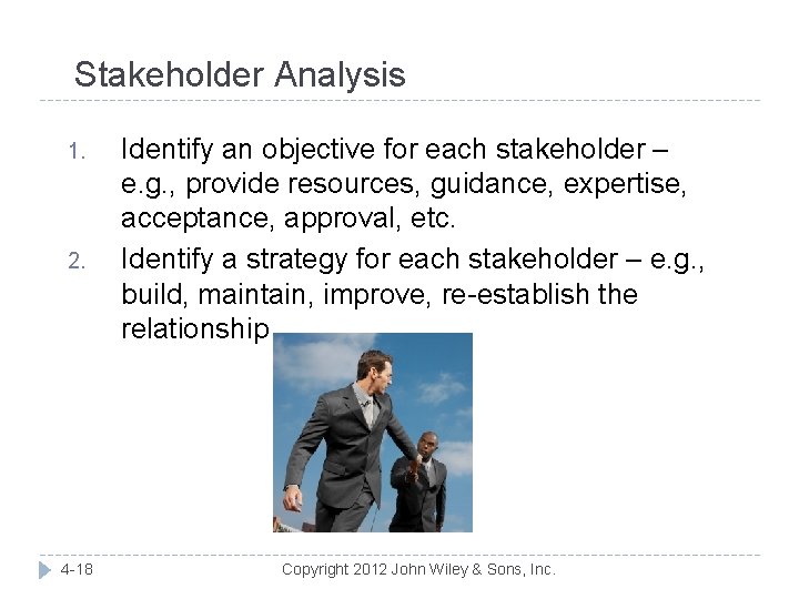 Stakeholder Analysis 1. 2. 4 -18 Identify an objective for each stakeholder – e.