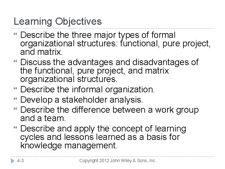 Learning Objectives Describe three major types of formal organizational structures: functional, pure project, and