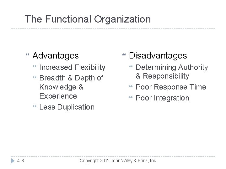 The Functional Organization Advantages 4 -8 Increased Flexibility Breadth & Depth of Knowledge &