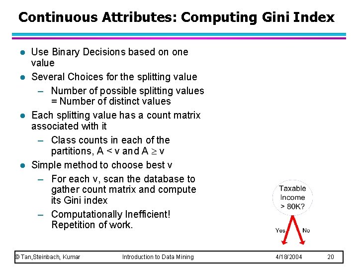 Continuous Attributes: Computing Gini Index l l Use Binary Decisions based on one value Continuous Attributes: Computing Gini Index l l Use Binary Decisions based on one value