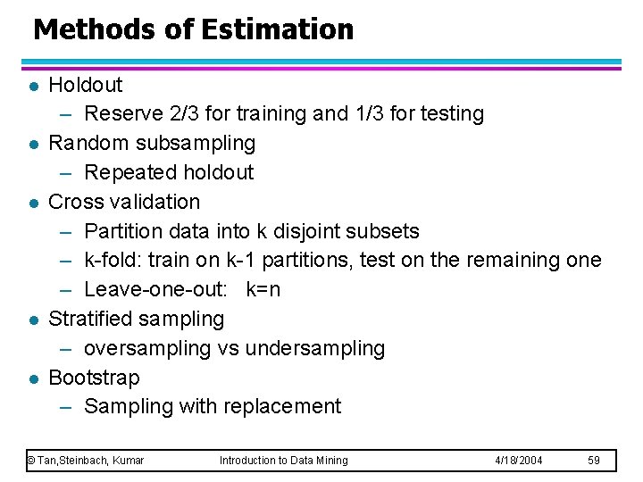 Methods of Estimation l l l Holdout – Reserve 2/3 for training and 1/3 Methods of Estimation l l l Holdout – Reserve 2/3 for training and 1/3