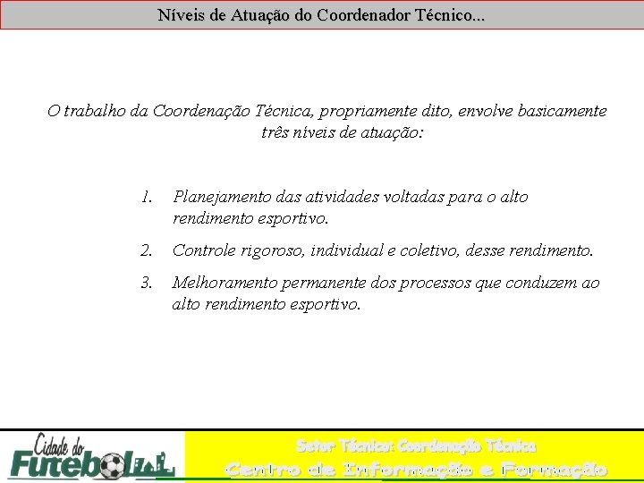 Níveis de Atuação do Coordenador Técnico. . . O trabalho da Coordenação Técnica, propriamente