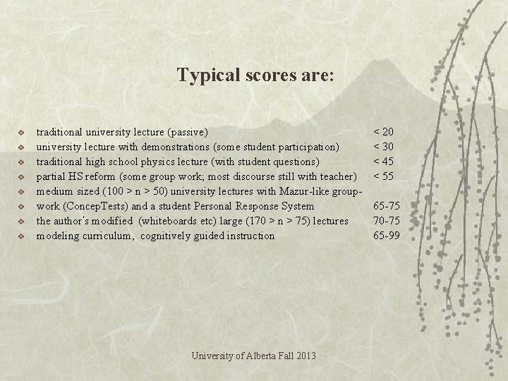 Typical scores are: v v v v traditional university lecture (passive) university lecture with