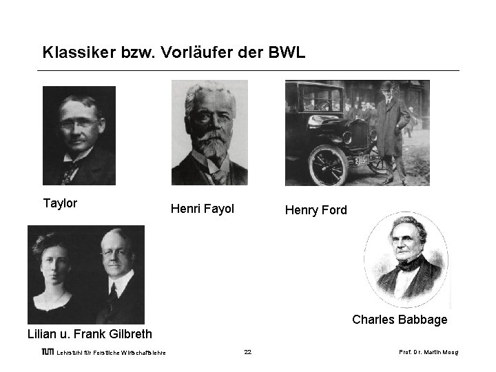 Klassiker bzw. Vorläufer der BWL Taylor Henri Fayol Henry Ford Charles Babbage Lilian u.