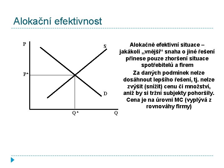 Alokační efektivnost P Alokačně efektivní situace – jakákoli „vnější“ snaha o jiné řešení přinese