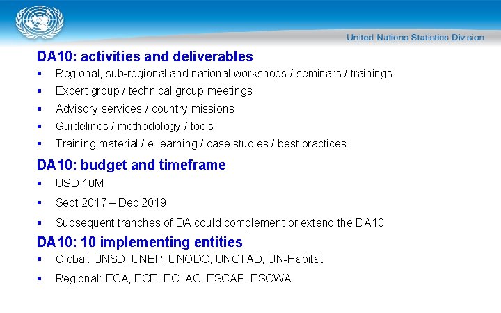DA 10: activities and deliverables § Regional, sub-regional and national workshops / seminars /