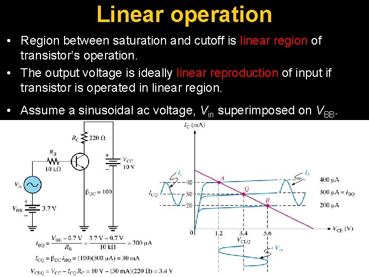 Linear operation • Region between saturation and cutoff is linear region of transistor’s operation.