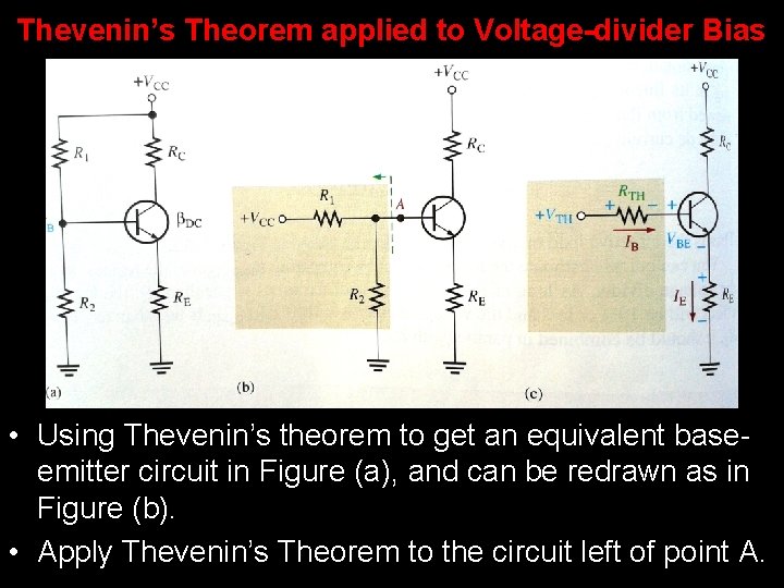 Thevenin’s Theorem applied to Voltage-divider Bias • Using Thevenin’s theorem to get an equivalent