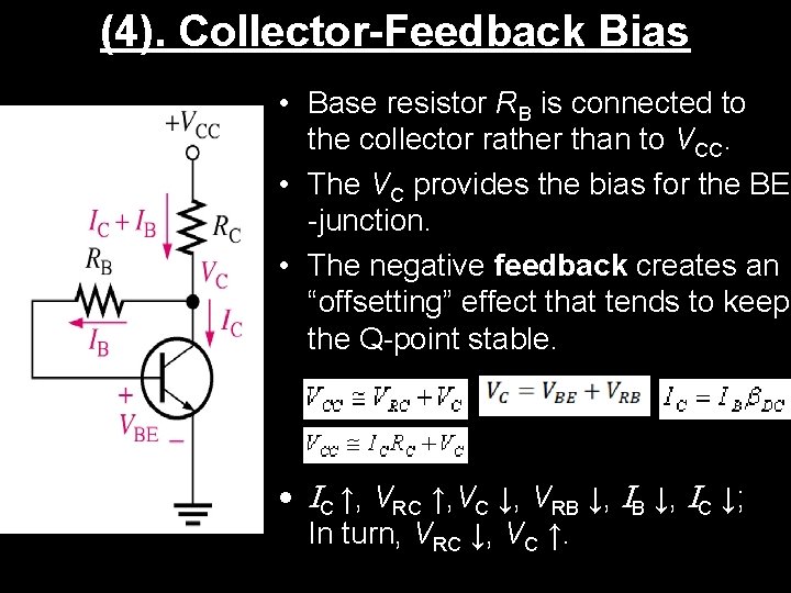 (4). Collector-Feedback Bias • Base resistor RB is connected to the collector rather than