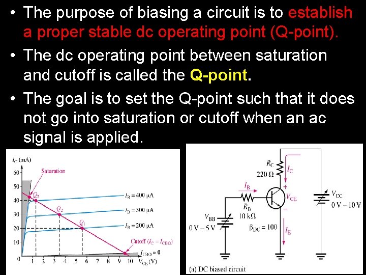  • The purpose of biasing a circuit is to establish a proper stable