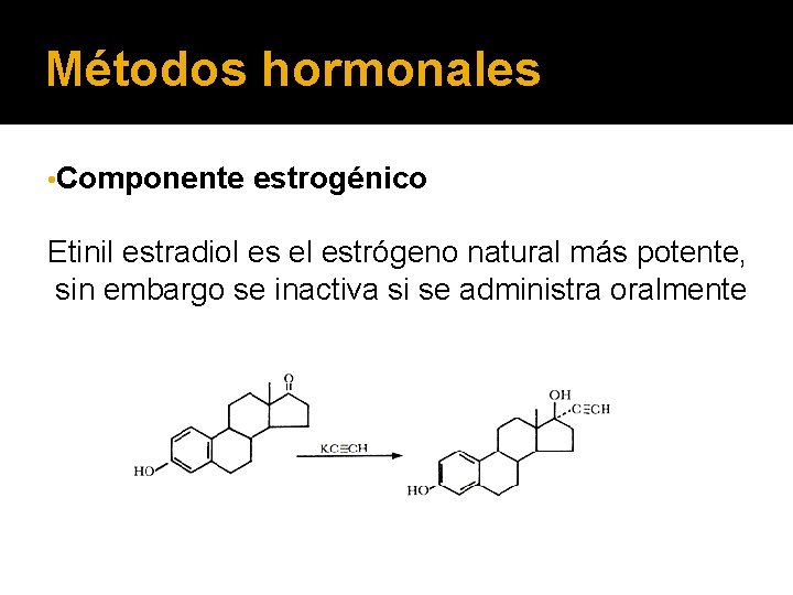 Métodos hormonales • Componente estrogénico Etinil estradiol es el estrógeno natural más potente, sin